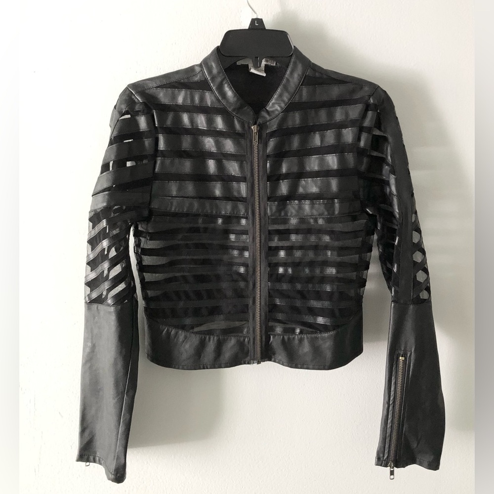 Sans Souci Black Striped Faux Leather Biker Crop Moto Jacket Vintage